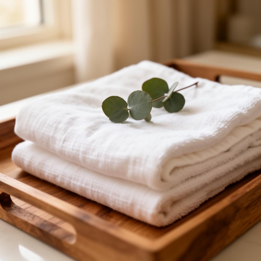 Folded linen with eucalyptus sprig